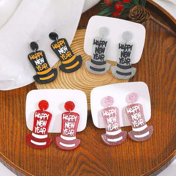 Festive Greeting Top Hat Glitter Acrylic Dangle Stud Earrings