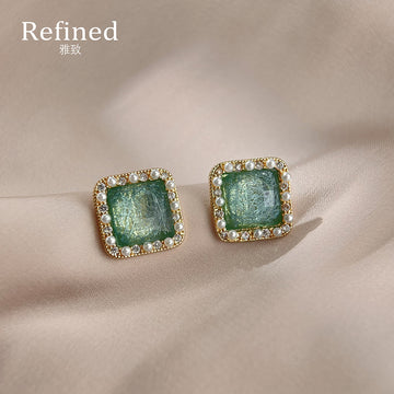 Gold Tone Green Square Stone Pearl Like Border Stud Earrings