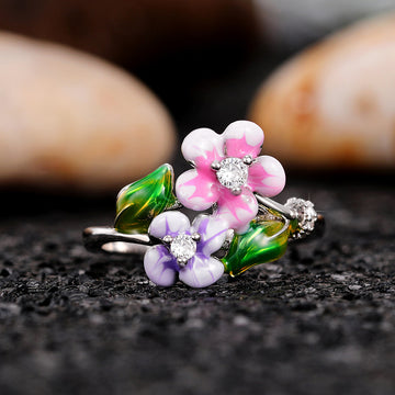 Silver Enamel Pink Purple Flower Ring CZ Green Leaves