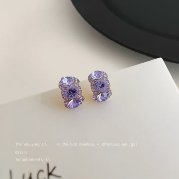 Gold Tone Purple Triple Oval Faceted Stone Half Hoop Earrings