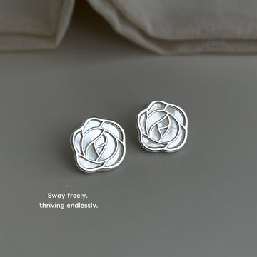 Silver-Tone Mother-of-Pearl Hollow Rose Outline Stud Earrings