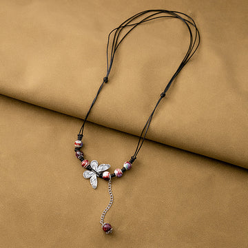 Black Cord Butterfly Pendant Necklace Beaded Drop Chain