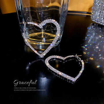 Oversized Crystal Heart Outline Hoop Earrings Fashion Jewelry Accessories