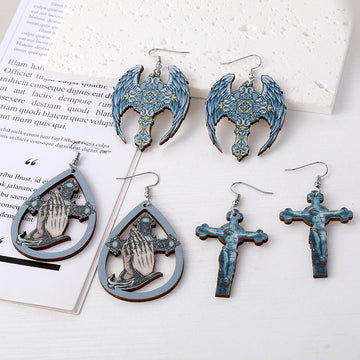 Silver Tone Gothic Cross and Praying Hands Acrylic Hook Earrings