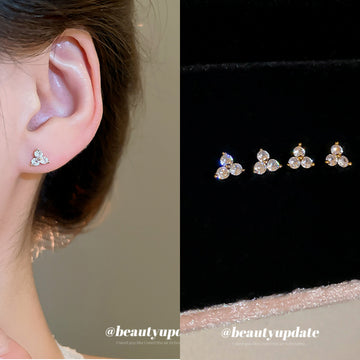 Petite Three Petal Crystal Stud Earrings in Silver Tone