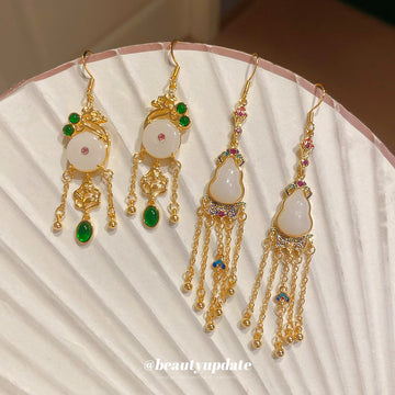 Gold Tone White Floral Green Bead Tassel Hook Earrings