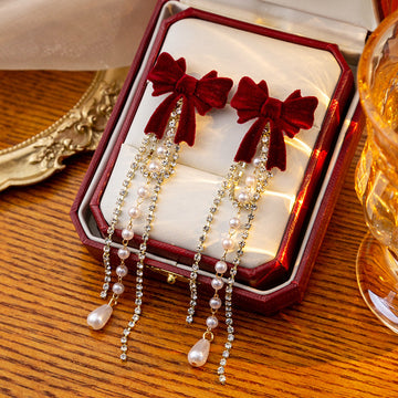 Burgundy Velvet Bow Drop Earrings Rhinestone Pearl Tassels