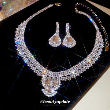 Silver Rhinestone Multi Row Necklace Teardrop Earrings Set