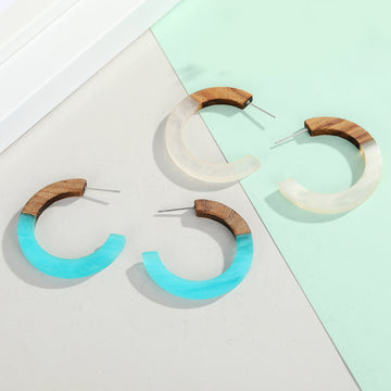 Wood Resin C Hoop Stud Earrings White and Sky Blue