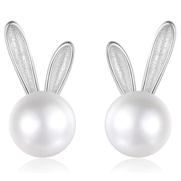 Bunny Ear Faux Pearl Stud Earrings Gold Silver Tone