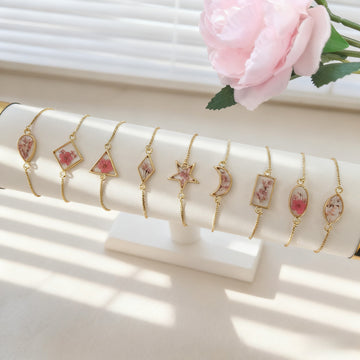 Gold Geometric Pink Flower Resin Adjustable Bracelets 9 Styles