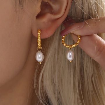 Gold Twisted Hoop Freshwater Pearl Drop Earrings Three Styles