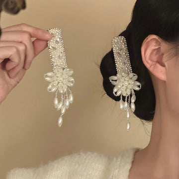 White Pearl Crystal Flower Tassel BB Hair Clip Single