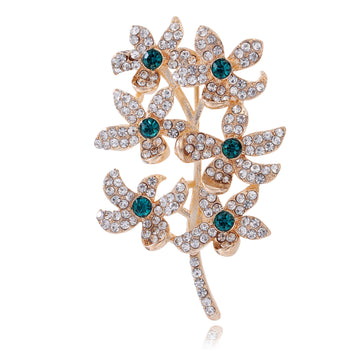 Blue Red and Purple Crystal Floral Branch Metal Brooch Pin
