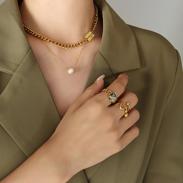 Double Layer Curb Chain GIRLS Tag Pearl Pendant Necklace