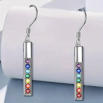 Silver Bar Drop Earrings with Rainbow Round Stones