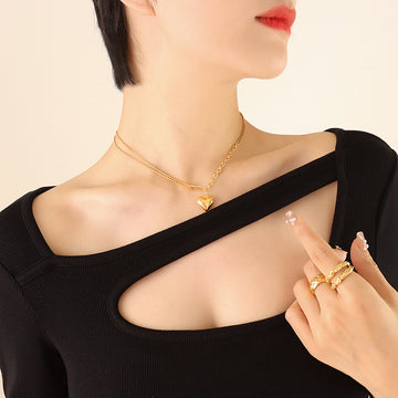Gold Double Chain Necklace With Plump 3D Heart Pendant