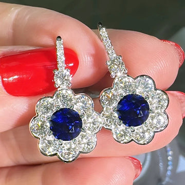 Silver Tone Blue Center Crystal Flower Drop Earrings