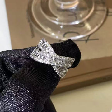 Silver Crossed Baguette Pave Crystal Open Ring Wide Band