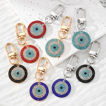 Gold and Silver Tone Rhinestone Round Evil Eye Clip Keychains