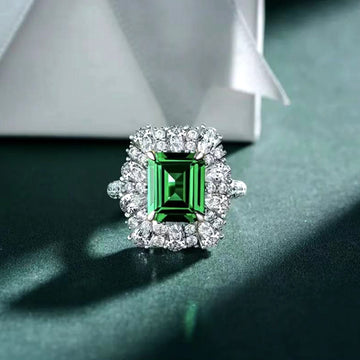 Silver Green Emerald Cut Halo Clear Stone Ring Alloy