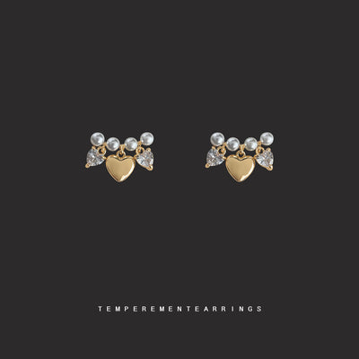 Gold pearl bar heart charm crystal studs on dark grey