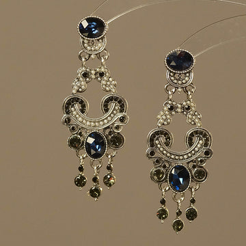 Blue Stone Antique Silver Tone Chandelier Stud Earrings