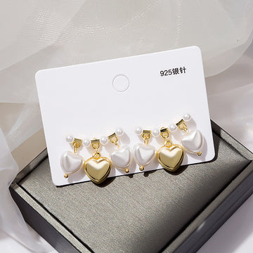Gold Heart White Shell Look Charm Cluster Stud Earrings
