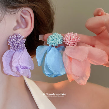 Sheer Fabric Petal Stud Earrings in Pink Purple and Blue