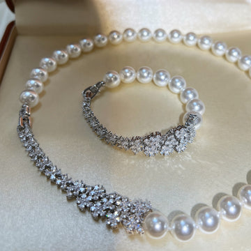Silver Pearl Crystal Flower Bracelet Matching Pearl Necklace