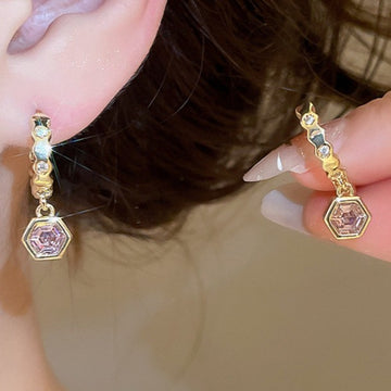 Geometric Hexagon Crystal Charm Hoop Earrings in Gold Tone
