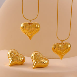 Textured Heart Pendant Necklaces and Matching Studs