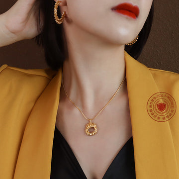 Textured Organic Hollow Circle Pendant Necklace Snake Chain