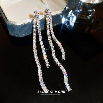Silver Tone Triple Crystal Chain Fringe Earrings with Polished Metal Accents