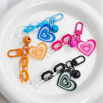 Glitter Heart Charm Keychain With Bell And Acrylic Chain