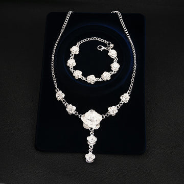 Silver Rose Motif Finished Necklace and Bracelet Jewelry