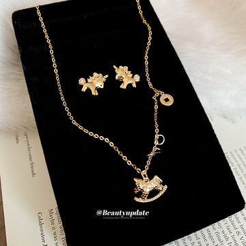 Gold Unicorn Stud Earrings Rocking Horse Coin Necklace