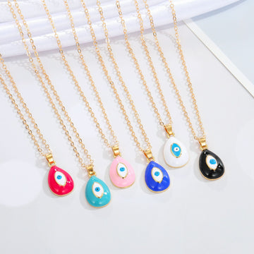 Gold Tone Teardrop Enamel Evil Eye Pendant Necklaces in Six Colors