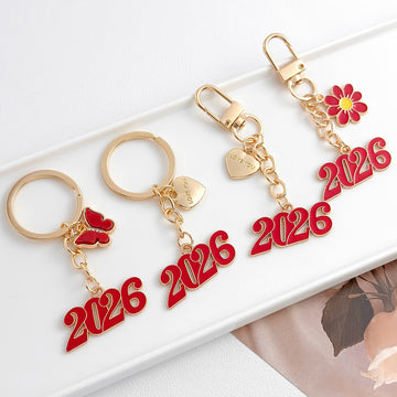 Gold Tone Enamel Number Charm Keychain with Heart Butterfly or Flower Accent