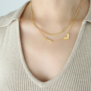 Double Layer Love Script Heart Pendant Necklace Set