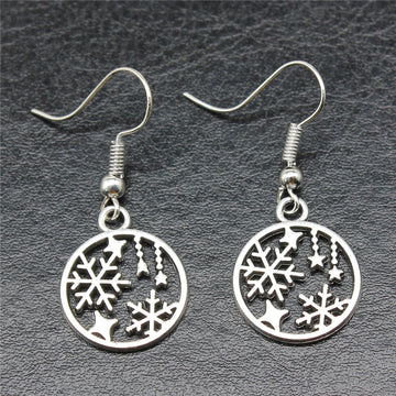 Snowflake and Star Round Drop Earrings in Silver Tone