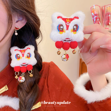 White Plush Lion Dance Duckbill Hair Clip Red Poms