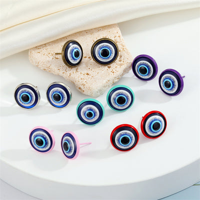 Main product view of round Blue Evil Eye Stud Earrings with Six Colored Metal Rims