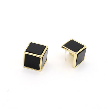 Gold Tone Black Enamel Cube Geometric Stud Earrings