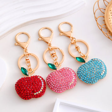 Rhinestone Apple Fruit Keychain Gold Tone Clasp Charm