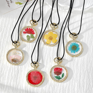 Gold Tone Round Pressed Flower Pendant Necklaces in Six Designs