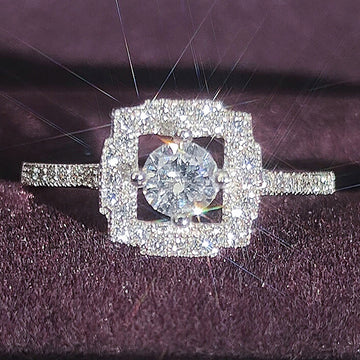 Silver Tone Square Halo Crystal Ring with Polished Metal Finish