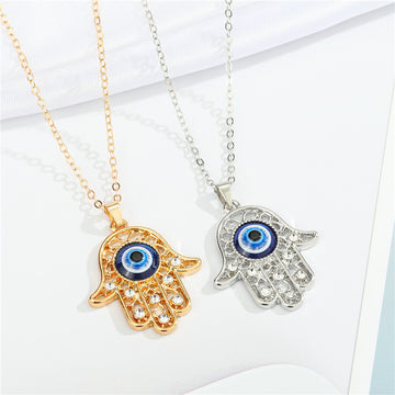 Crystal Hamsa Blue Evil Eye Pendant Necklaces in Two Finishes