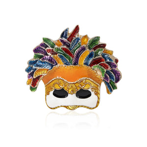Carnival Mask Brooch with Multicolor Enamel Feather Headdress, Gold Tone