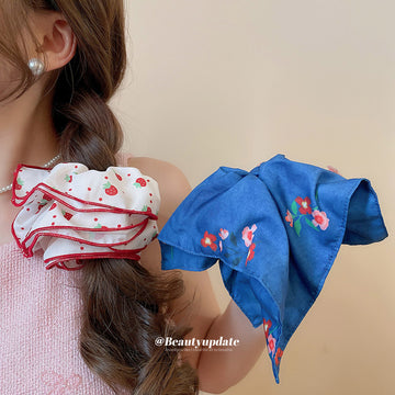Strawberry Print Scrunchie and Blue Floral Scarf Hair Tie Set